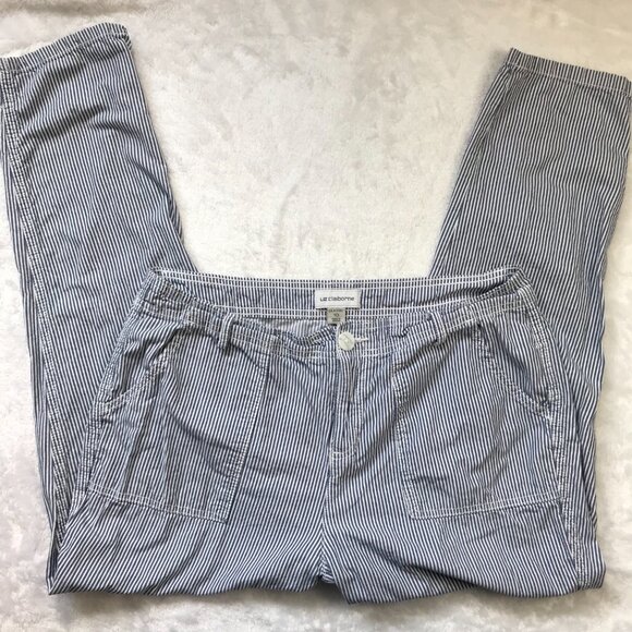 Liz Claiborne Straight Leg Ankle Pants Women's 10 Blue White Striped 100% Cotton - Picture 6 of 10